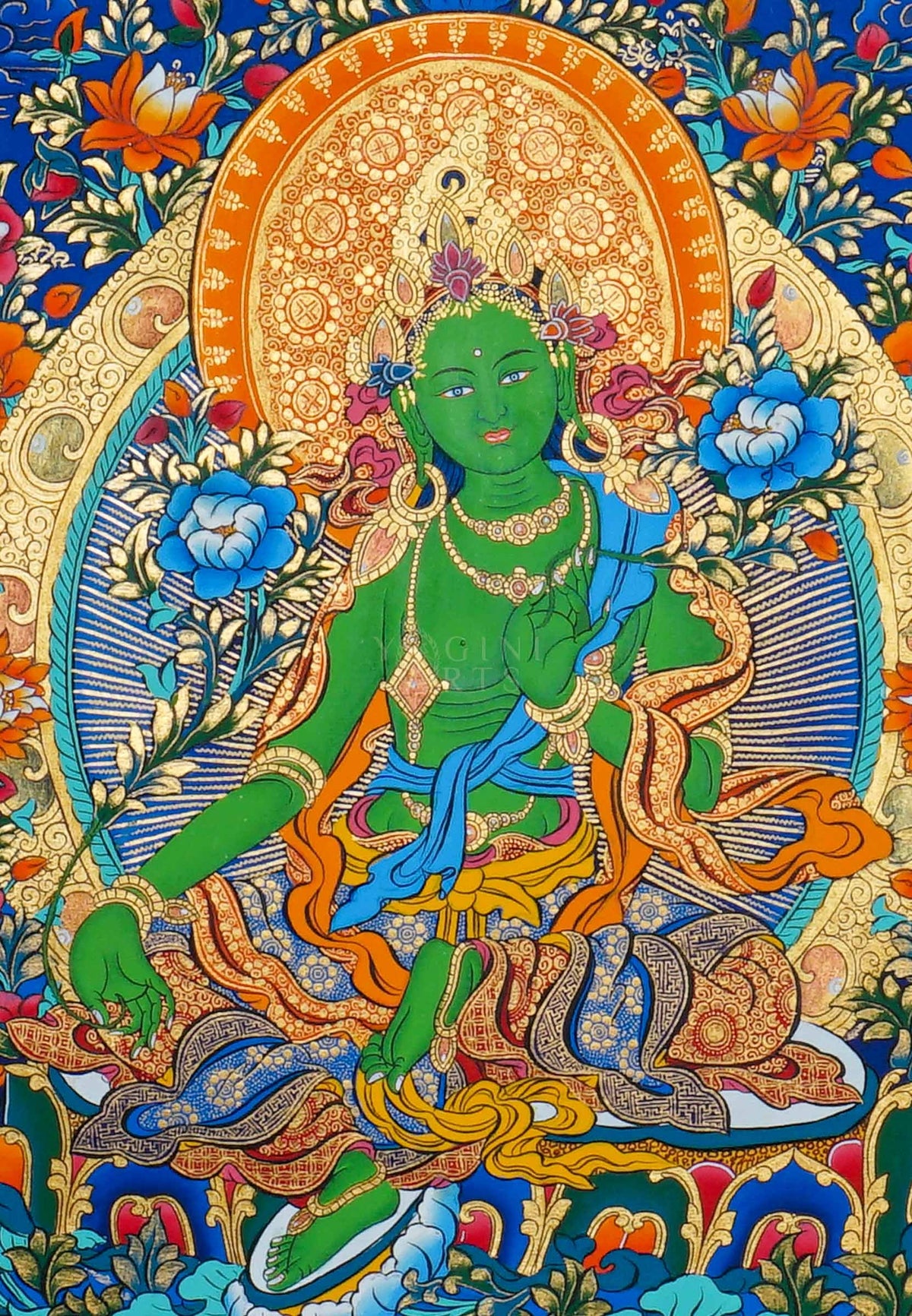 Hand painted Green Tara Thangka painting depicting Green Tara seated on a lotus throne surrounded by sacred Buddhist figures and floral motifs