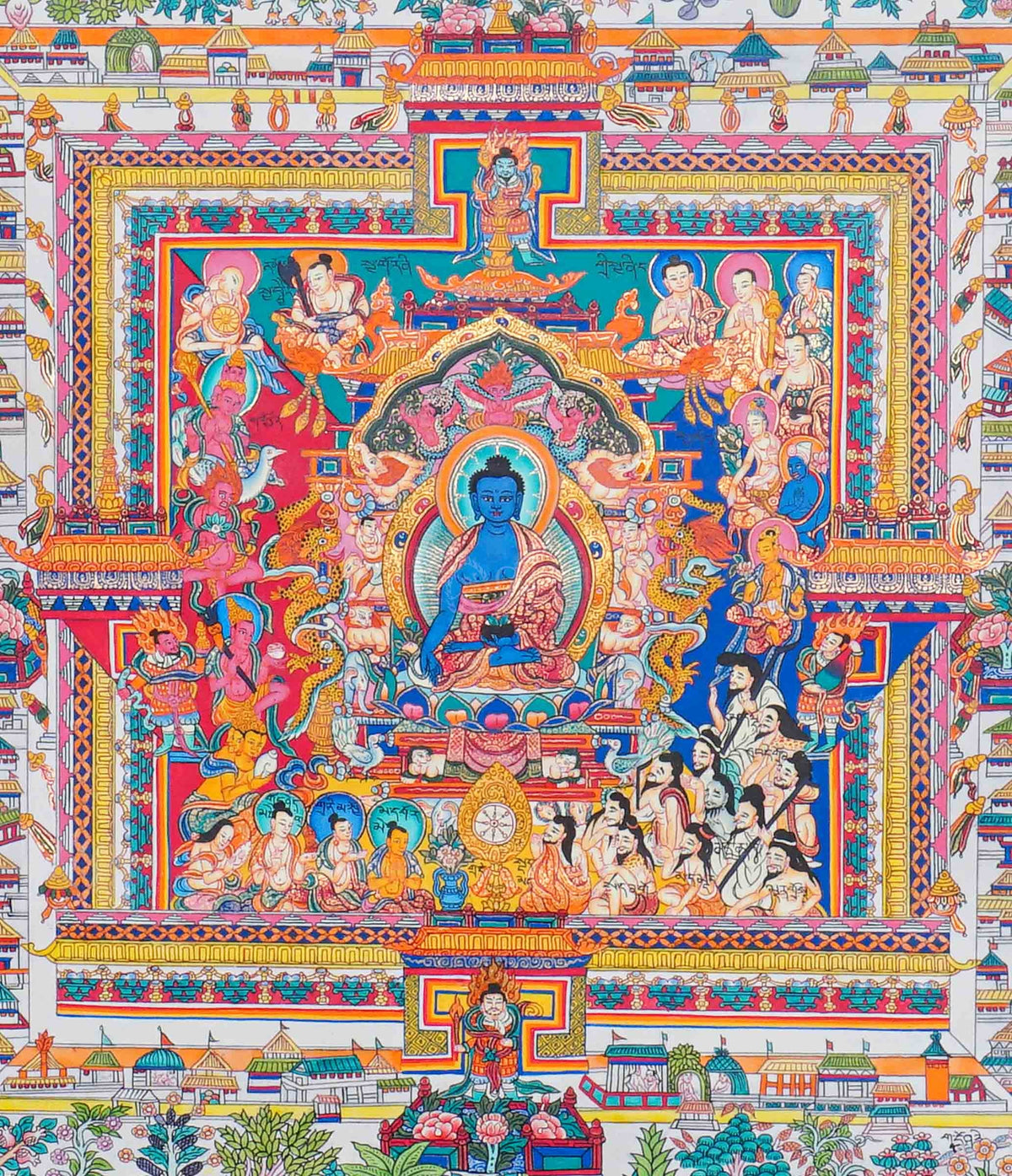 Medicine Plant Thangka painting featuring a central blue Buddha, medicinal plants, colorful flowers, traditional architecture, and smaller Buddha figures, 60 x 53 cm