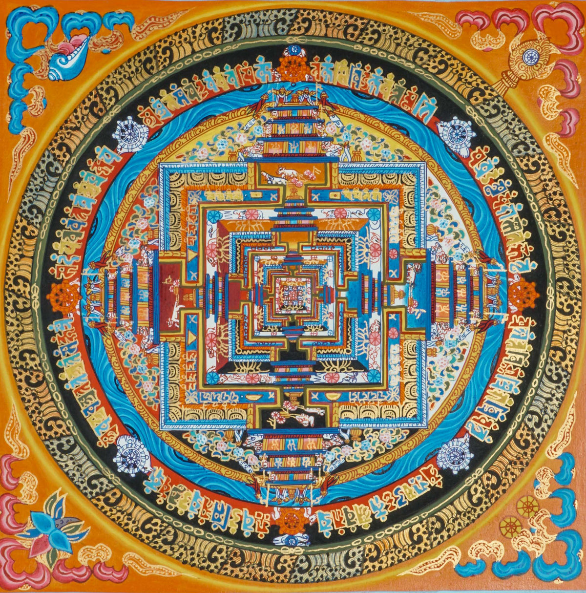 Kalachakra Mandala thangka with a square central palace, concentric circular rings, Tibetan script, and a bright orange background.
