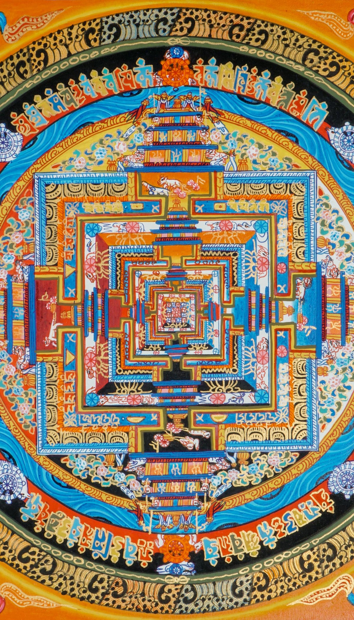 Kalachakra Mandala thangka with a square central palace, concentric circular rings, Tibetan script, and a bright orange background.