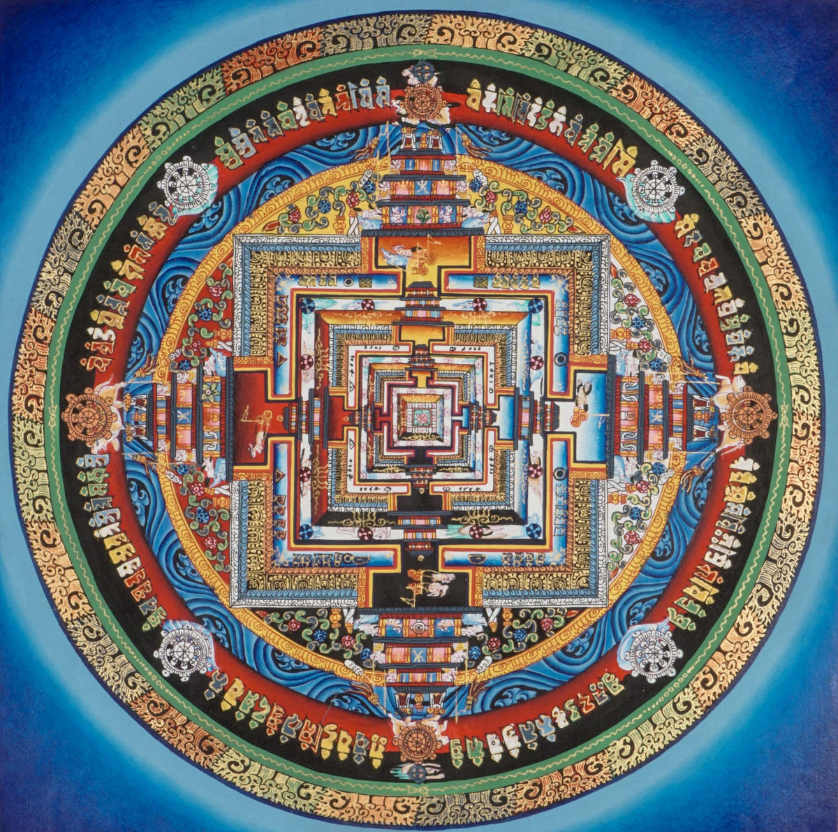 Kalachakra Mandala thangka showing a circular mandala with a square central palace, layered gateways, concentric rings of Tibetan script, and an orange-gold background.