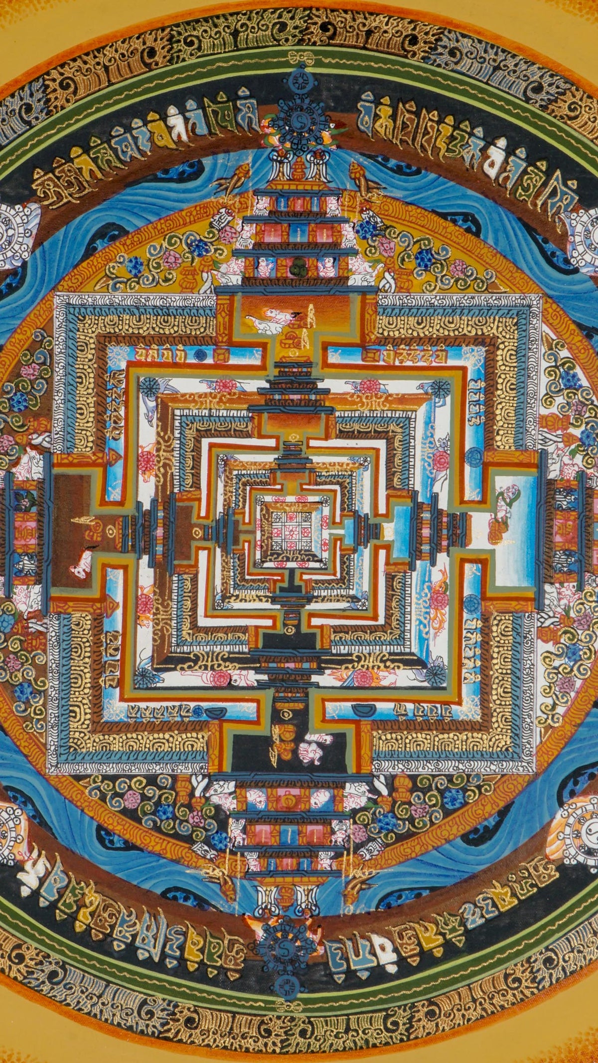 Kalachakra Mandala thangka showing a circular mandala with a square central palace, layered gateways, concentric rings of Tibetan script, and an orange-gold background.