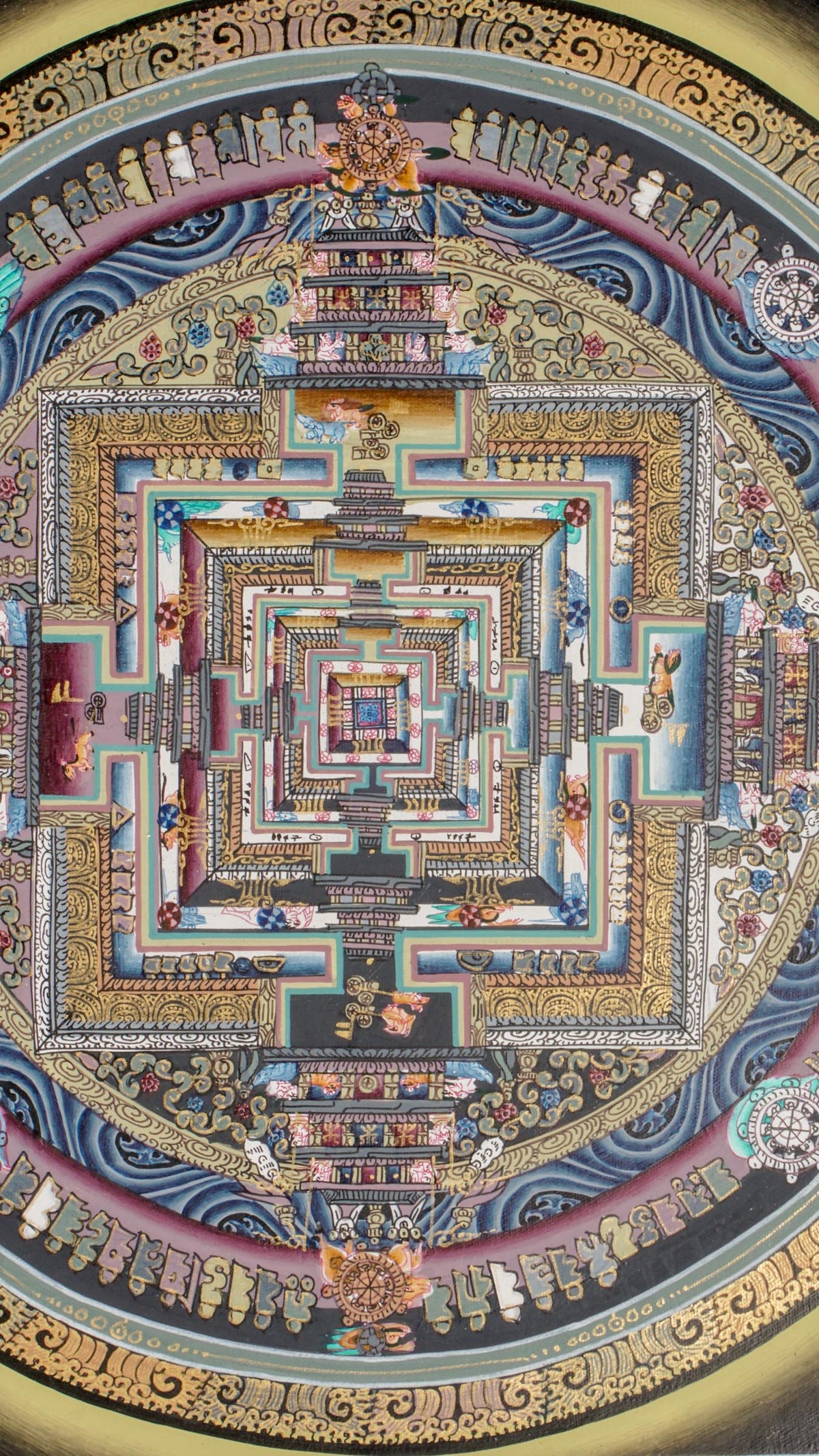 Kalachakra Mandala thangka depicting a sacred geometric palace with concentric circles, directional gates, intricate architectural layers, and symbolic deities, painted in traditional Tibetan style.